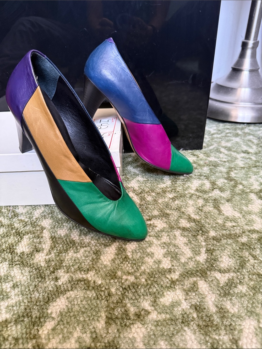 Colorblock Pointed-Toe Leather Pumps in Green, Purple, Blue and Pink